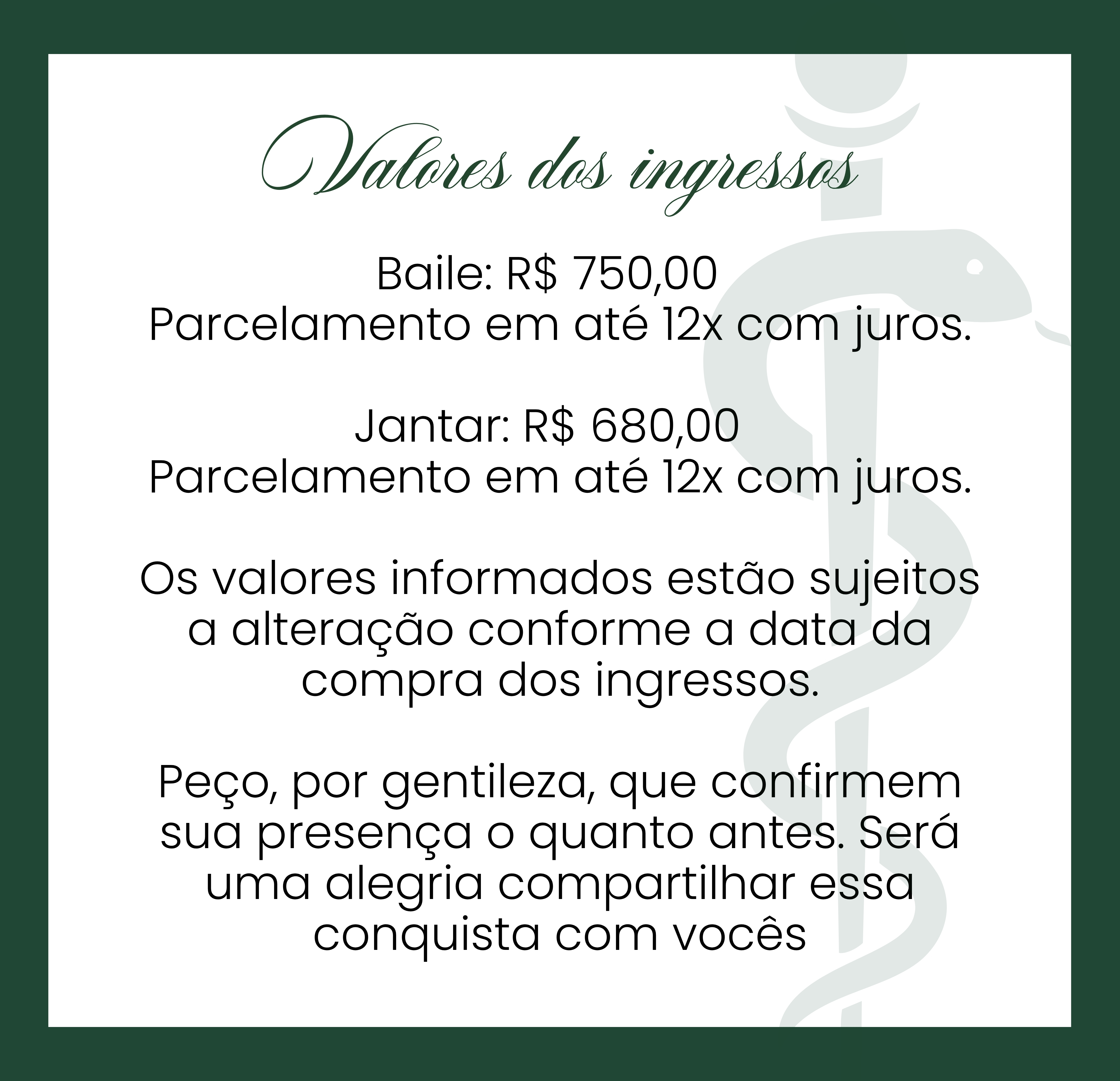 Valores dos ingressos