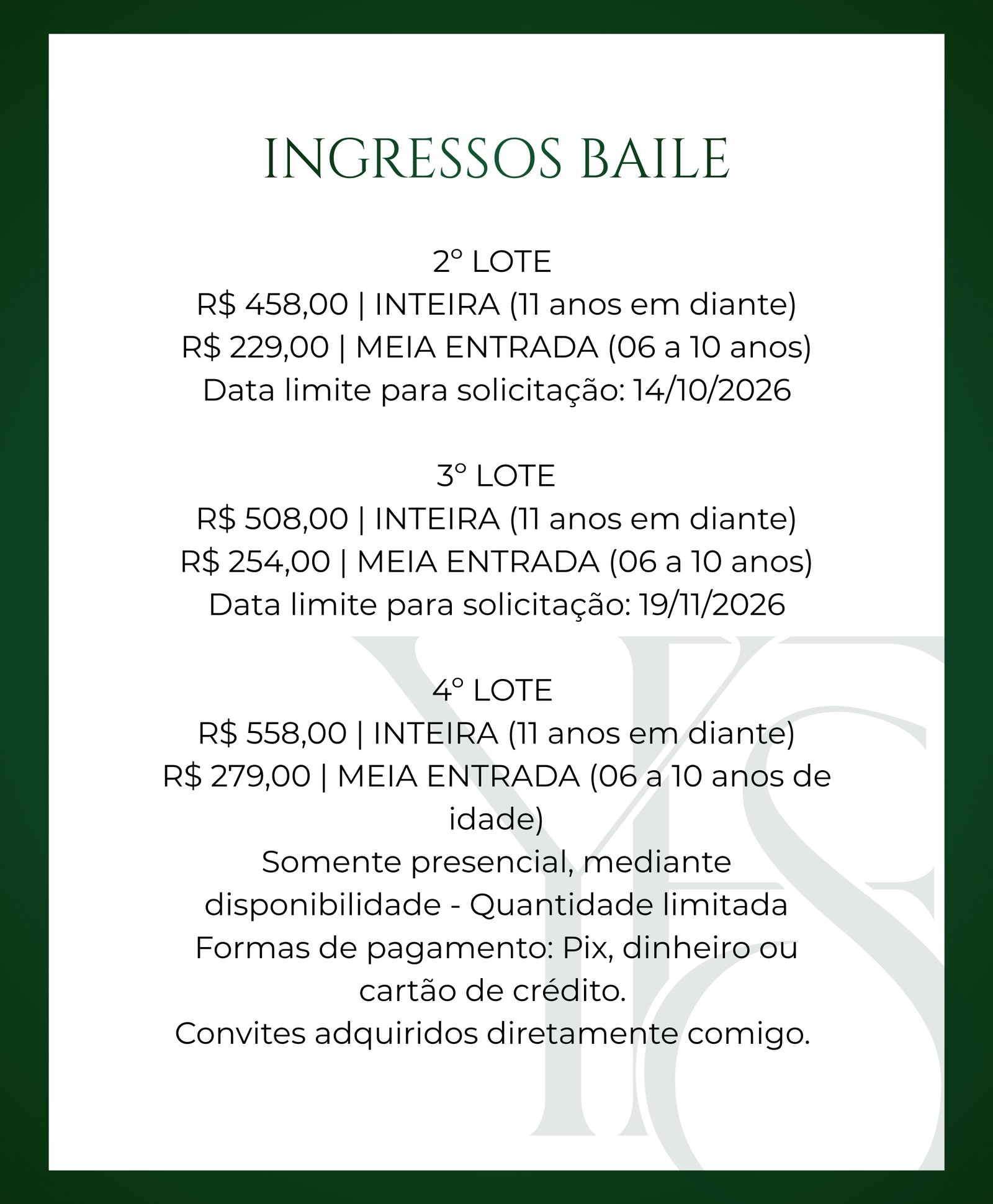 Informações dos ingressos do baile